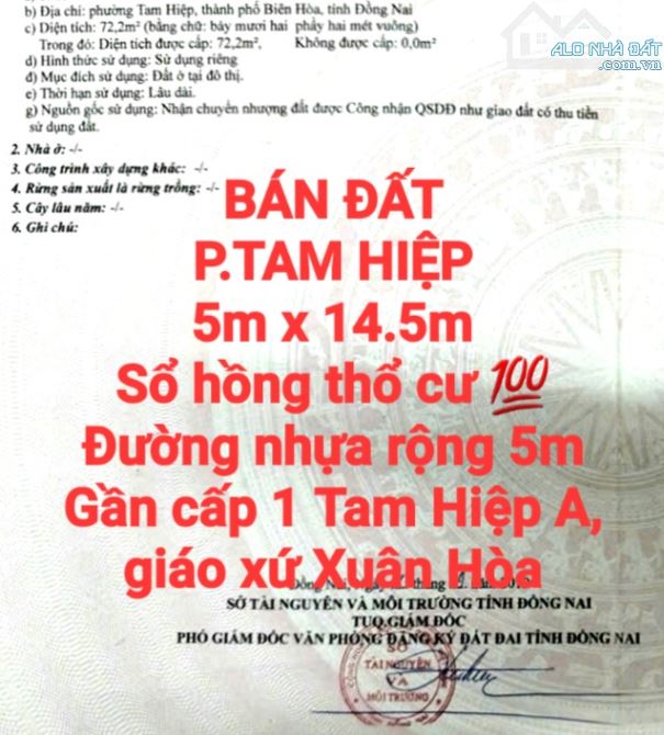 BÁN ĐẤT TAM HIỆP, SỔ HỒNG RIÊNG THỔ CƯ ĐƯỜNG NHỰA 5m GẦN CẤP 1 TAM HIỆP A (D277)