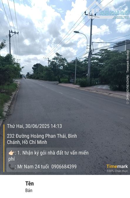 Lô đất full thổ 100 m2 mặt tiền đường Hoàng Phan Thái gần chợ Bình Chánh