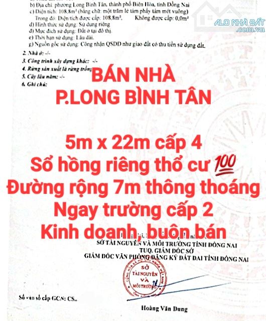 BÁN NHÀ LONG BÌNH TÂN, SỔ HỒNG THỔ CƯ, ĐƯỜNG RỘNG 7m KINH DOANH, BUÔN BÁN