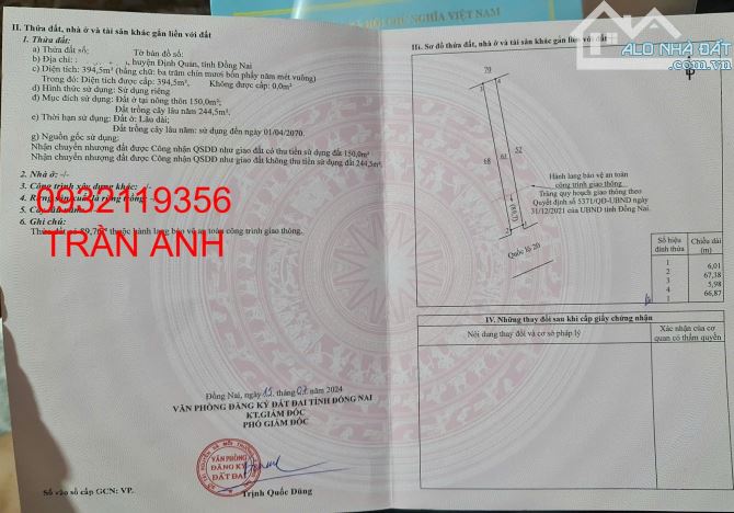 SIÊU RẺ BÁN MẶT TIỀN QUỐC LỘ 20 395m2 (6mx67m) THỔ CƯ KINH DOANH ĐA NGÀNH NGHỀ CHỈ 2TỶ4 - 2