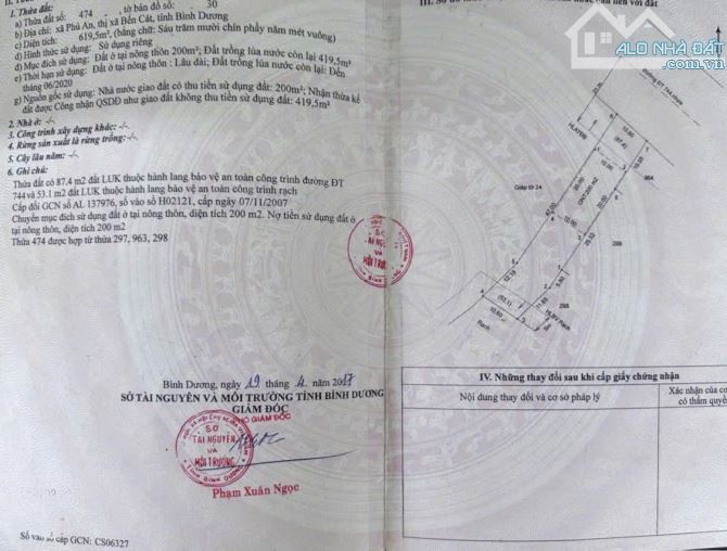 BÁN ĐẤT MT DT744, PHÚ AN, TP.BẾN CÁT, DT:10.6x59, TC200M2, SHR, GIÁ 5,5 TỶ - 6