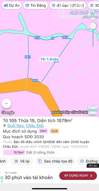 CẦN BÁN LÔ ĐẤT MT NHỰA XÃ SUỐI RAO, CHÂU ĐỨC, BRVT, DT 1600M2 GIÁ 1.7 TỈ CÒN TL - 2