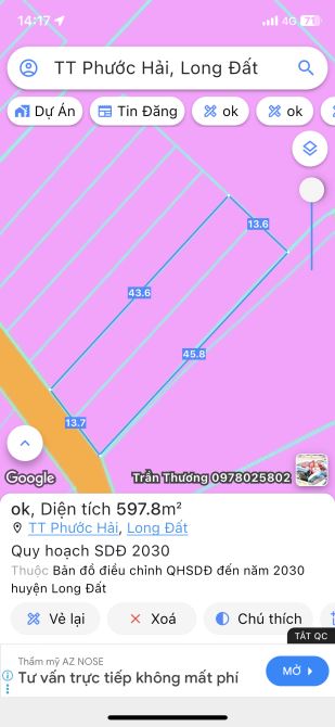 Thị trấn Phước Hải-view núi đẹp-dt:600m2-ngang 13,5m sâu 45m-có 120 thổ cư-sổ sẵn,giá 3tyx