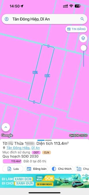 Đất gần ngã ba Cây Điệp, phường Tân Đông Hiệp, TP Dĩ An. 2,9 tỷ - 3