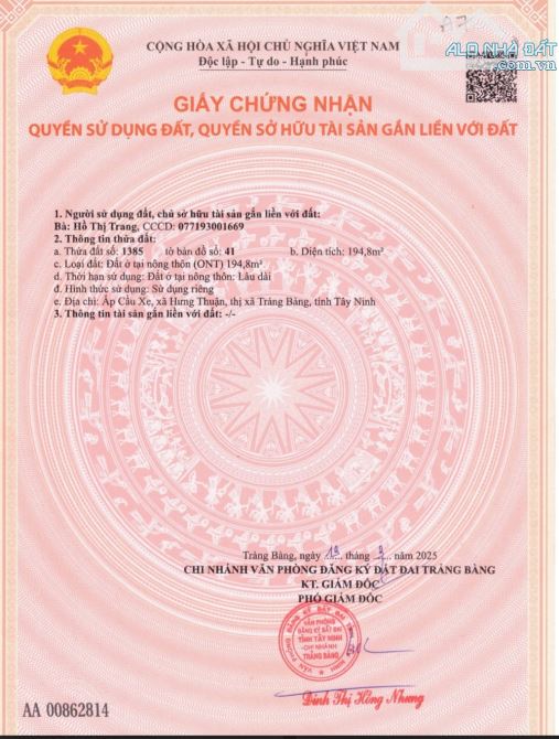 BÁN ĐẤT NGAY CHỢ CẦU XE, HƯNG THUẬN, TRẢNG BÀNG, SỔ HỒNG RIÊNG,200m2 FULL THỔ,680TR - 1