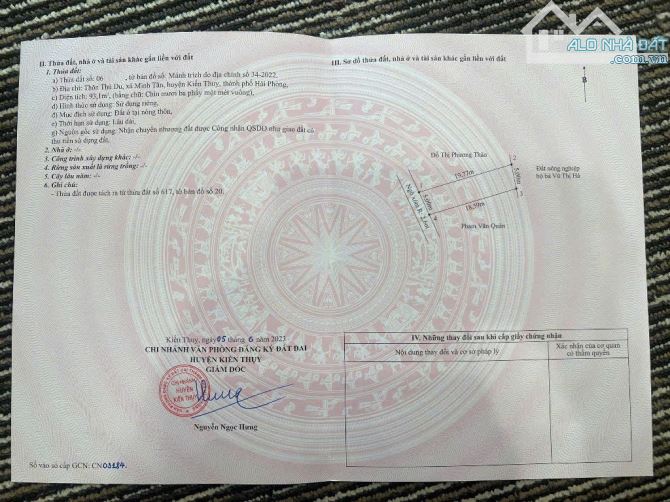 Bán lô đất 93m2 ngang 5m Thù Du Minh Tân Kiến Thụy giá 985 triệu