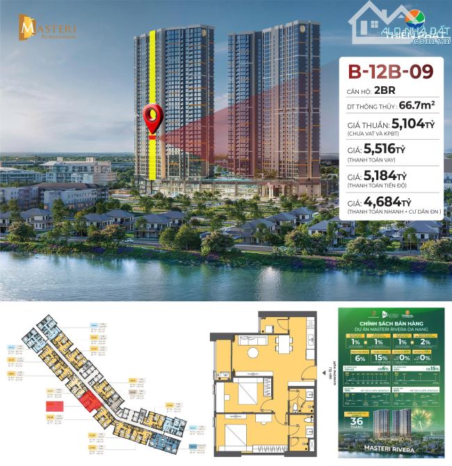 Suất ngoại giao căn 2pn đẹp căn hộ cao cấp MASTERI RIVERA ĐÀ NẴNG giá chỉ 4,6tỷ