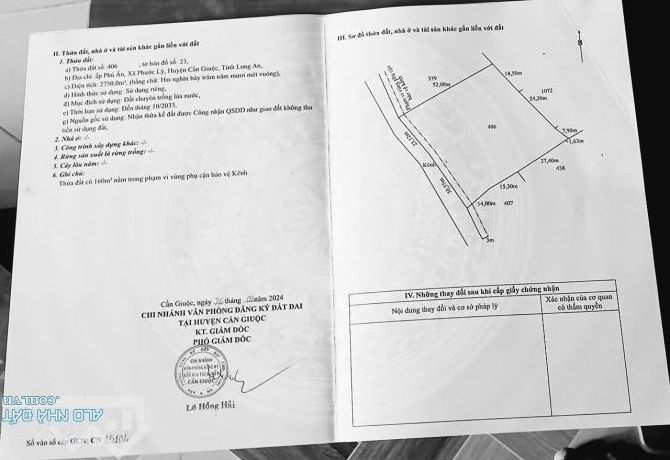 Bán lô đất 2700m đất lúa thuộc xã phước lí huyện cần giuộc 2ty4 cách chợ bình chánh  2km