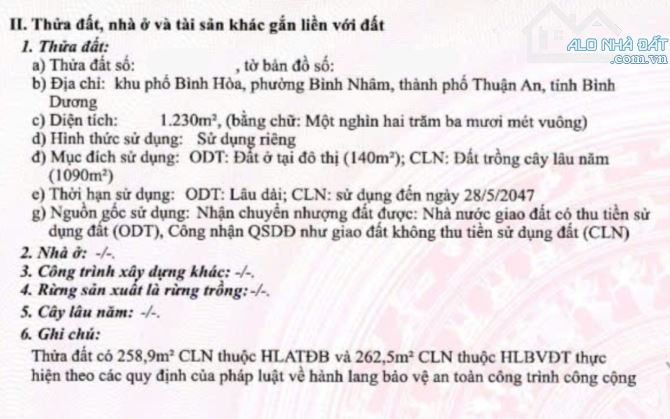 Bán 1.230m2 đất, có 140m2 thổ cư ở đừơng Bình Nhâm 19, Thuận An, BD.  Giá 17 tỷ - 1