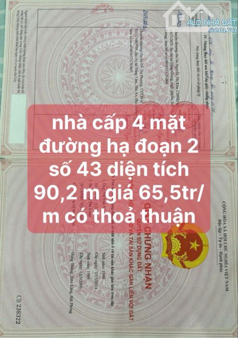 bán nhà mặt đường hạ đoạn 2 : 90,2m2 ngang 4,4m giá 65,5tr/m2 - 2