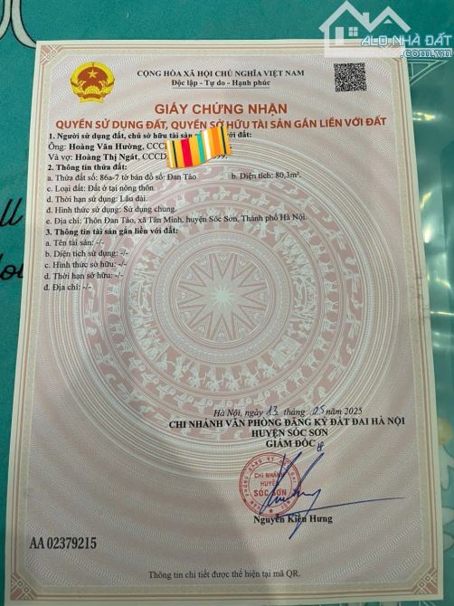 80m full thổ cư -đan tảo - xã sóc sơn.đg ôtô tránh- có đất dôi dư sủ dụng thực tế - 1