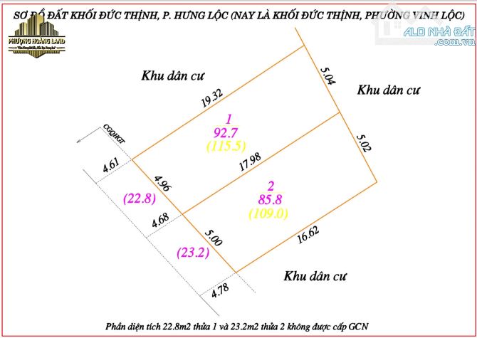 🔥BÁN 2 LÔ ĐẤT ĐẸP – KHỐI ĐỨC THỊNH, HƯNG LỘC (P. Vinh Lộc) 88,5m2 92,7m2 Tây Nam đường 4m