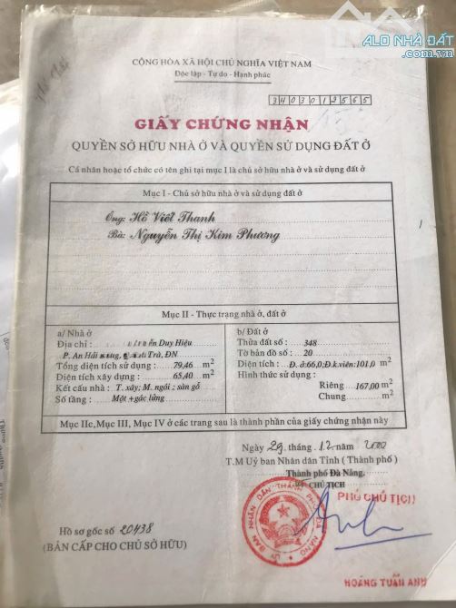 Bán nhà 2 tầng kiệt đường Nguyễn Duy Hiệu .quận Sơn Trà.