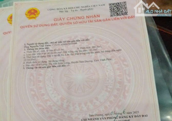 hủ nhà cần bán: Lô đất 201.2m2, tại TDP Láng, Kim Long, Tam Dương, với giá 830 triệu sổ đỏ