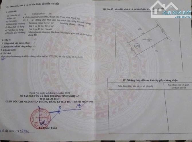 Chính chủ gửi bán lô đất Khối 6 Quán Bàu-125m2-Đường oto tránh có vỉa hè-Giá nhỉnh 4 tỷ