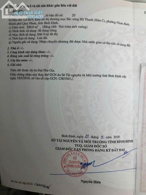 CHÍNH CHỦ BÁN LÔ ĐẤT TRONG KHU BIỆT THỰ ĐẠI PHÚ GIA TP.QUY NHƠN– DT: 200M2 -GIÁ: 39,5TR/M2