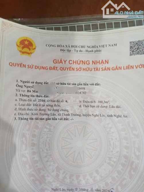BÁN ĐẤT XÓM TRƯỜNG LÂN – NGHI TRƯỜNG giá 8xx triệu - 2