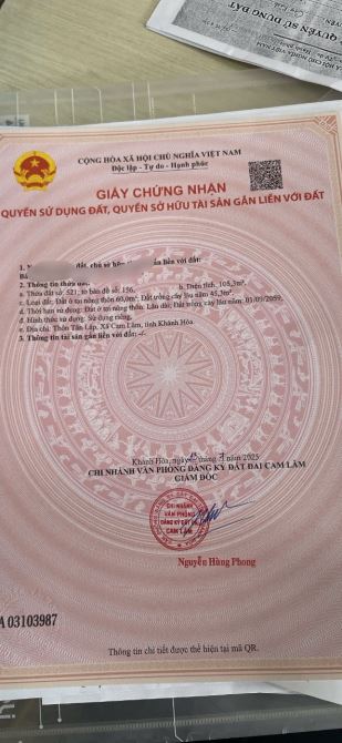 Bán đất 105m² giá 1,5 tỷ Tân Lập Cam Thành, 60m² thổ cư, đường ô tô tránh