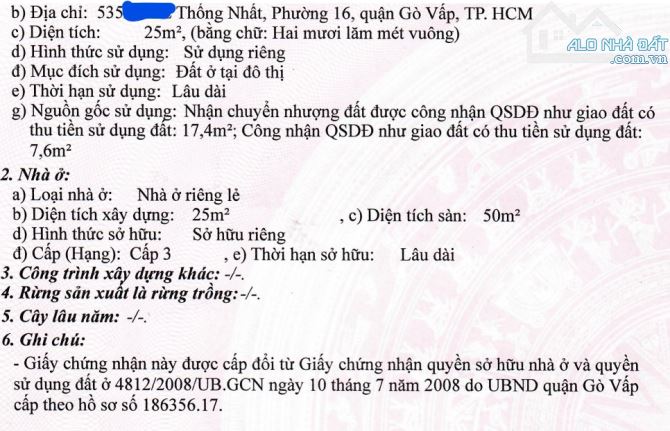 Bán nhà riêng tại Thống Nhất, 3.85 tỷ, 30m2, 3PN, 2WC, Gò Vấp, HCM - 1