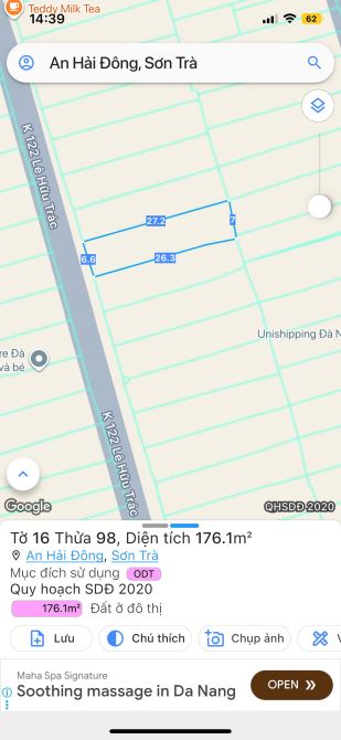 Bán đất Kiệt NGUYỄN VĂN THOẠI (Kiệt oto 5m) cách biển chỉ 800m , DT 176m2 giá 18ty2 - 3