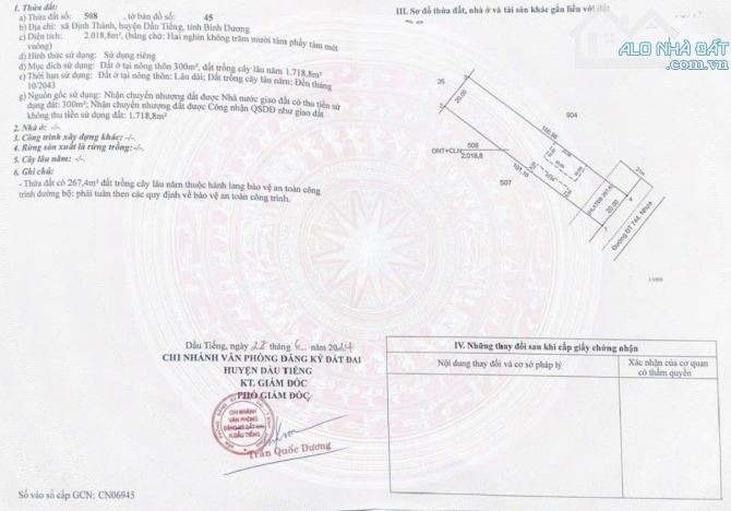 BÁN ĐẤT MT DT744, ĐỊNH THÀNH, DẦU TIẾNG, DT: 20x100, TC300M2, SHR, GIÁ 5,9 TỶ - 5