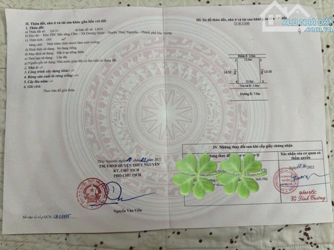 Bán lô biệt thự 195m2 khu TĐC Áp Tràn, Bắc Sông Cấm, Thủy Nguyên, Hải Phòng giá 8tỷ5xx