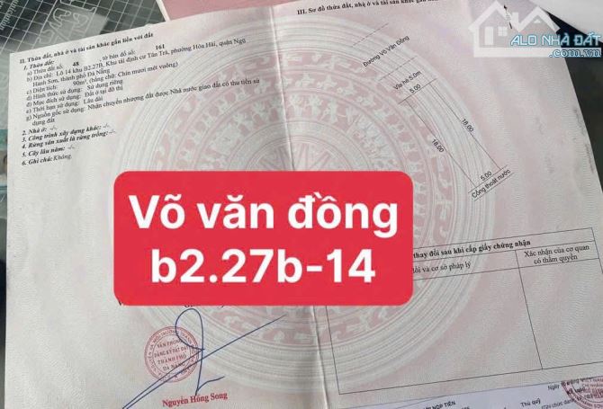 BÁN LÔ ĐẤT ĐƯỜNG 7,5m VÕ VĂN ĐỒNG TRỤC THÔNG BIỂN TÂN TRÀ , 90m2, NGANG 5m, GIÁ 5,6 TỶ.