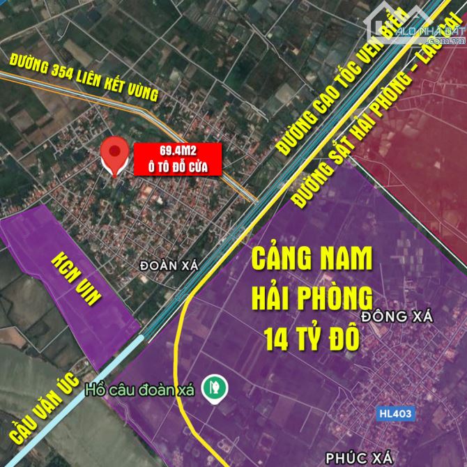 BÁN ĐẤT 69.4m2 ô tô đỗ cửa rẻ nhất Đoàn Xá đón sóng Cảng Nam Hải Phòng