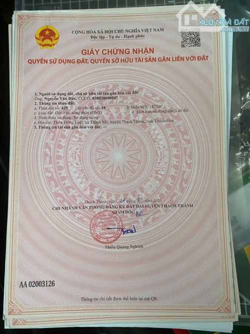 Bán đất chính chủ tại Thành Mỹ - Thạch Thành – Thanh Hóa. CHỈ 190tr/lô. - 2