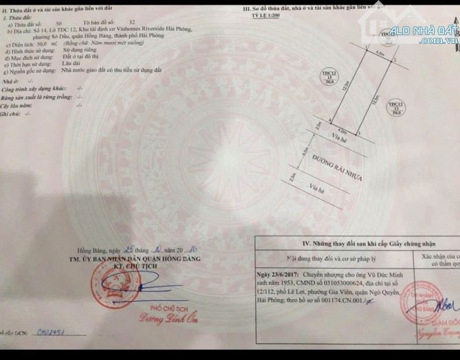Bán đất TĐC Xi Măng Sở Dầu Hồng Bàng dt 50 m giá 73,5 tr 1 m - 3