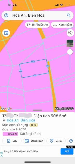 Bán Mảnh Đất 508m², Giá 2 tỷ 250tr, Hoàng Minh Chánh, Sau chợ Hóa An, Biên Hòa