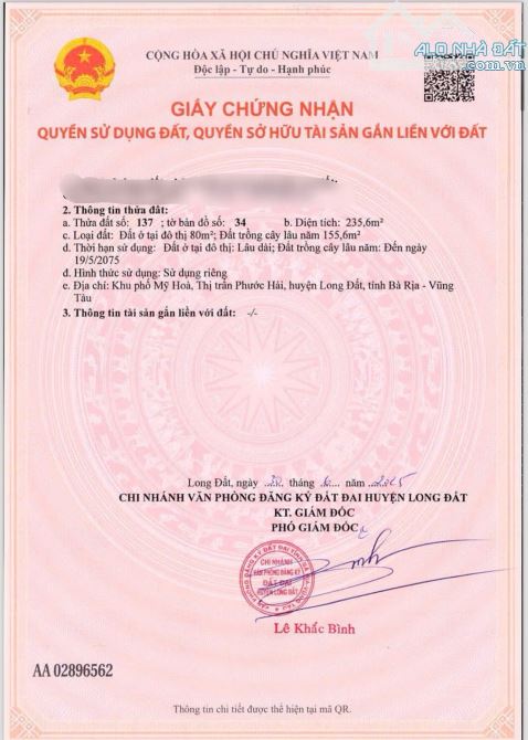 BÁN 1 LÔ ĐẤT ĐẸP CÓ VƯỜN BƠ TẠI LONG MỸ - THỊ TRẤN PHƯỚC HẢI- TPHCM  ĐI BIỂN PHƯỚC HẢI 4km - 9