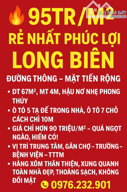 95tr/m² – RẺ NHẤT PHÚC LỢI – LONG BIÊN ĐƯỜNG THÔNG – MẶT TIỀN RỘNG - DT 67M, MT 4M