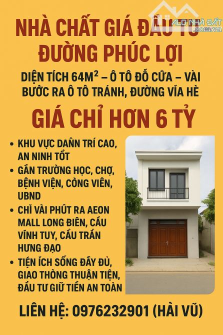 NHÀ CHẤT GIÁ ĐẦU TƯ – ĐƯỜNG PHÚC LỢI - 64M2 - Ô TÔ ĐỖ CỬA - 10M Ô TÔ TRÁNH, VỈA HÈ