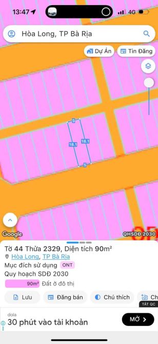 Bán Đất Tái Định Cư Hoà Long, TP Bà Rịa, DT: 5x18 Giá 2tỷ380tr