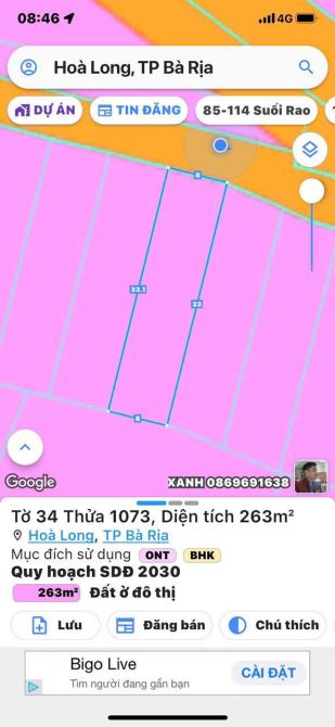 Hoà Long - Tp Bà Rịa -gần tuyến tránh ql56, Sát bên Sông Dinh -8x33 có 60m đất ở- 2 Tỷ650 - 1