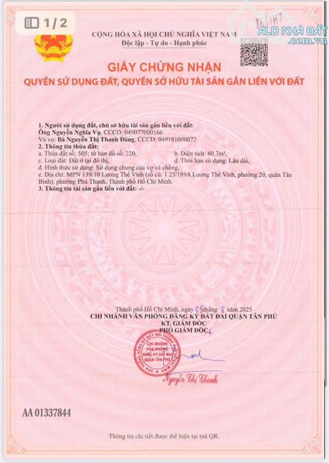 Bán 2 lô đất đường lương thế vinh, quận tân phú, dt 4.4 x 13.5m (67m2), giá chỉ 4.2 tỷ