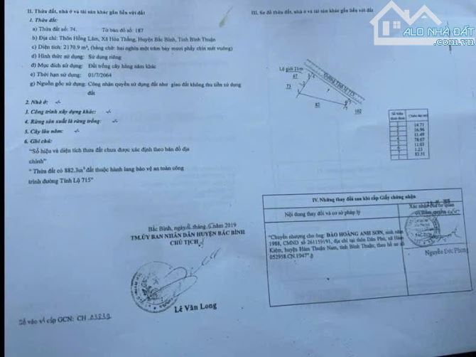 Bán lô 2187m2 mặt tiền nhụa dt 716 hòa thắng chỉ 3ty2