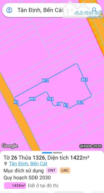 BÁN ĐẤT MT NHỰA, P.TÂN ĐỊNH, TP.BẾN CÁT, DT:9x67, NỞ HẬU 34M, TC100M2, SHR, 8,0 TỶ TL - 1