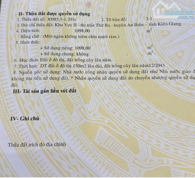 CẦN BÁN 1100m2 ĐẤT MẶT TIỀN KHU CÂY XOÀI GẦN TUYẾN TRÁNH CHỢ THỨ 3 AN BIÊN - 2
