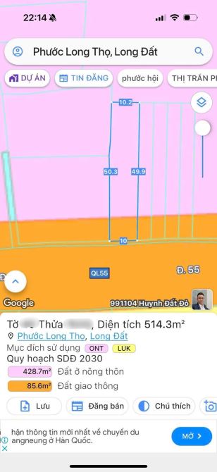 MẶT TIỀN QUỐC LỘ 55 - PHƯỚC LONG THỌ - LONG ĐẤT - BRVT; cách cổng khu công nghiệp Đất Đỏ c - 3