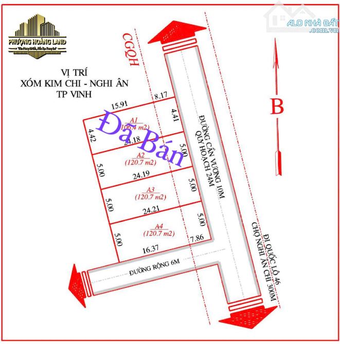 BÁN 4 LÔ F0 MẶT ĐƯỜNG CẦN VƯƠNG NGHI ÂN PHƯỜNG VINH PHÚ 120m2 đường QH 30m Đông Bắc