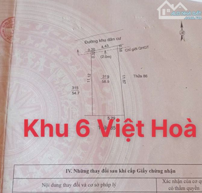 Bán đất ngõ phố Đồng Niên, khu 6 Việt Hoà, thành phố Hải Dương.