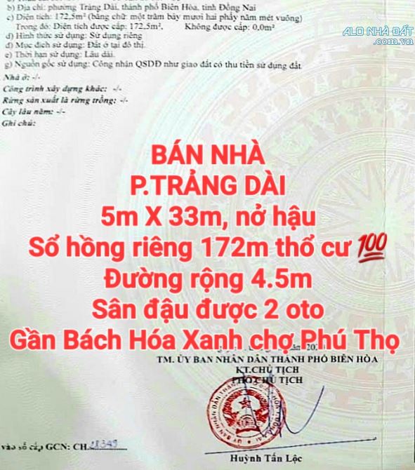 BÁN NHÀ TRẢNG DÀI, SỔ HỒNG RIÊNG THỔ CƯ, SÂN ĐẬU 2 OTO GẦN BÁCH HÓA XANH CHỢ PHÚ THỌ