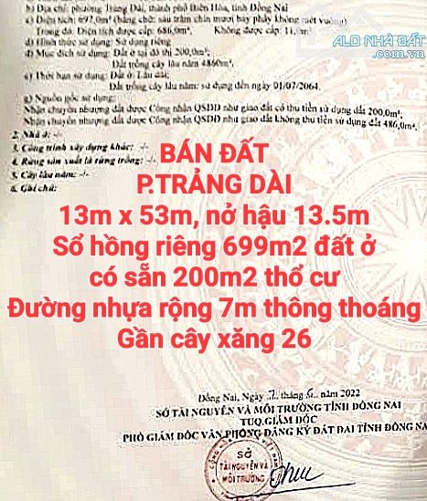 BÁN 699m2 ĐẤT TRẢNG DÀI, ĐƯỜNG NHỰA RỘNG 7m THÔNG THOÁNG, SỔ HỒNG THỔ CƯ GẦN CÂY XĂNG 26