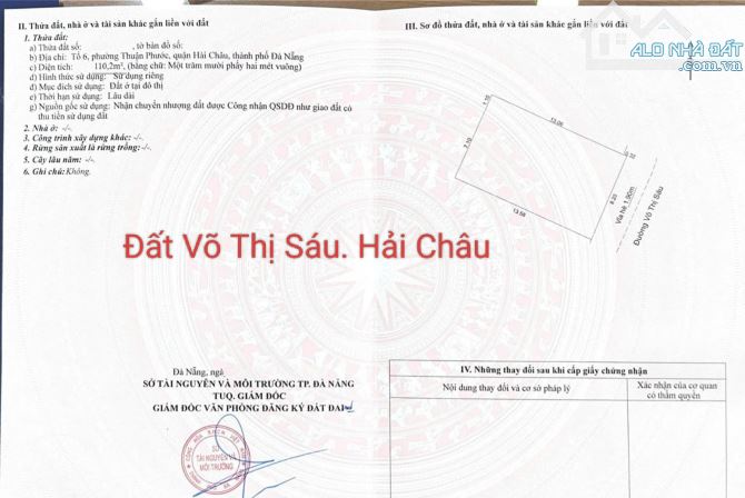 Đất đường 7m5 Võ Thị Sáu, Hải Châu. Cách Sông Hàn 400m. S= 110,2m2 ngang 8.2m Giá: 10.8 tỷ