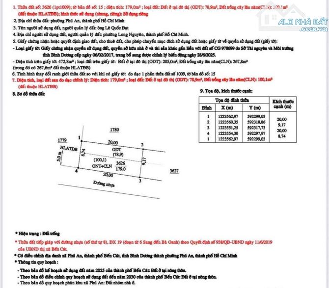 Bán đất Phú An gần ngã tư Phú Thứ 20x9m giá 1ty200 triệu