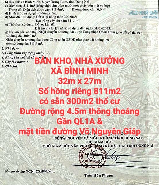 BÁN KHO, NHÀ XƯỞNG XÃ BÌNH MINH, SỔ THỔ CƯ ĐƯỜNG 4.5m THÔNG GẦN QL1, GIÁO XỨ TRÀ CỔ (X064)
