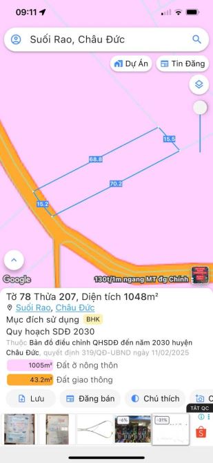 BÁN ĐẤT SUỐI RAO CHÂU ĐỨC, DT 1000M2 FULL HỒNG, KHU DÂN CU TÂP TRUNG GIÁ 1.2 TI