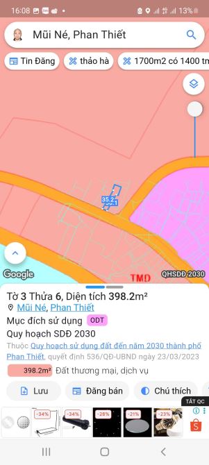 Cần bán 398m2 có 150tc mặt  tiền Huỳnh Thúc Kháng Mũi Né